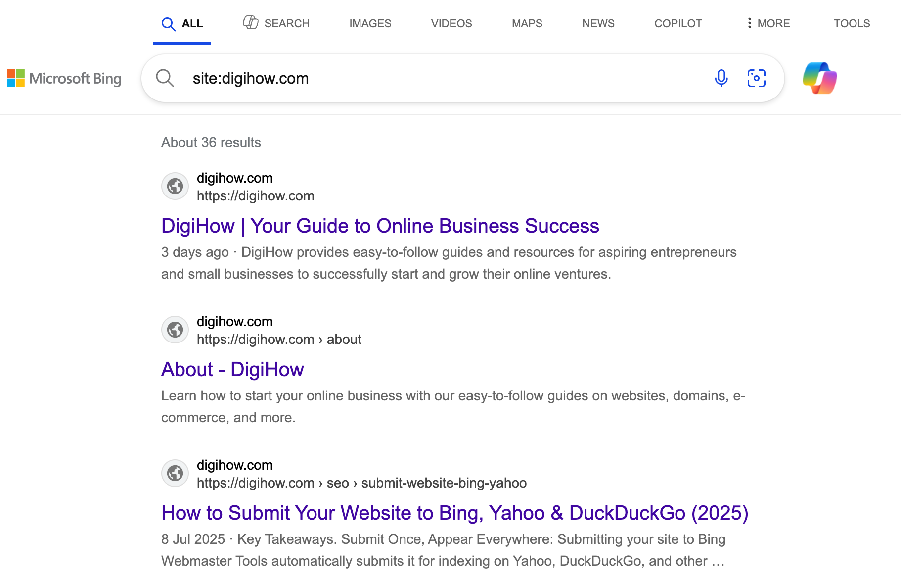 A Bing Search of DigiHow using site:digihow.com