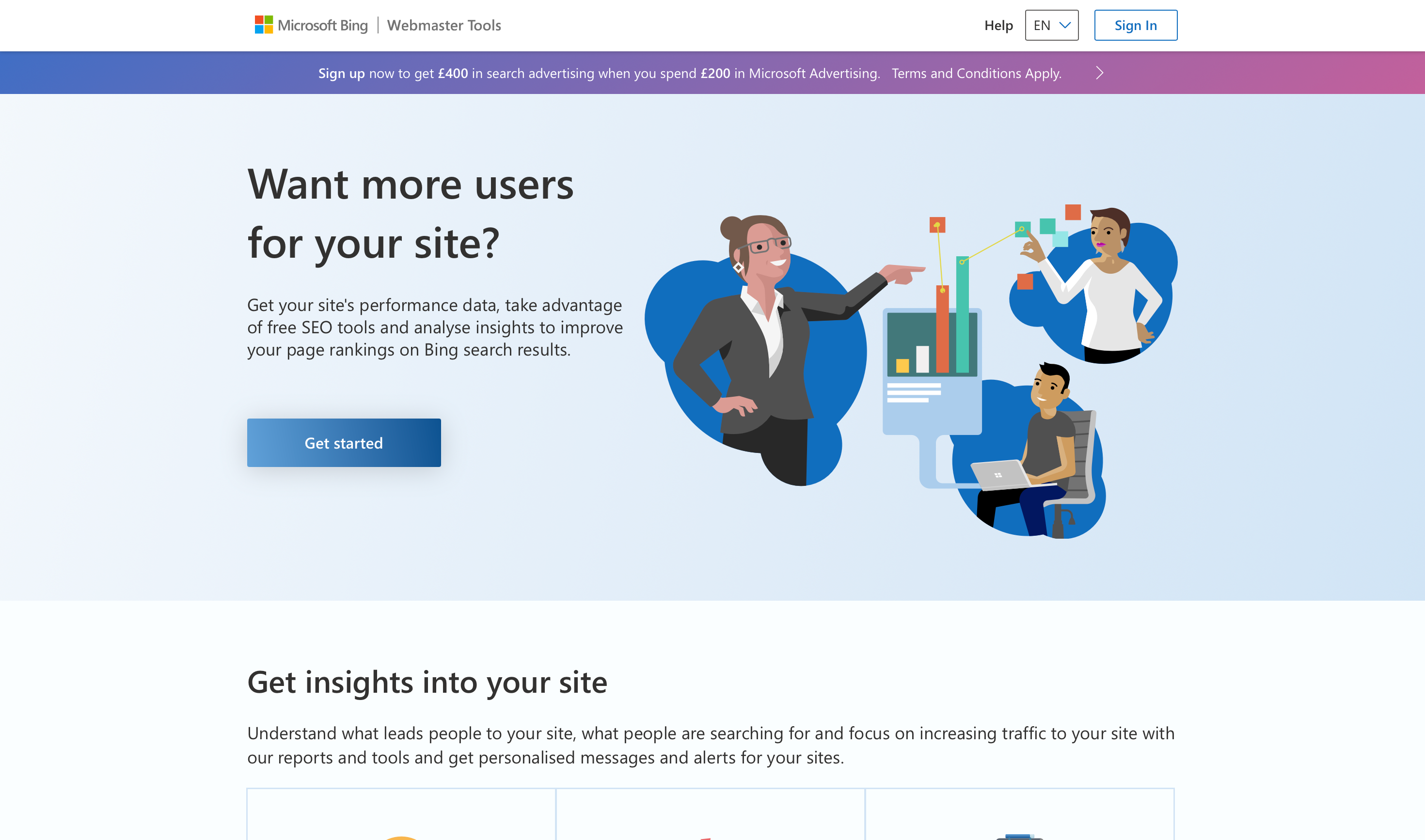 Bing Webmaster Tools homepage showing the main sign-in options and the prominent 'Get Started' button.