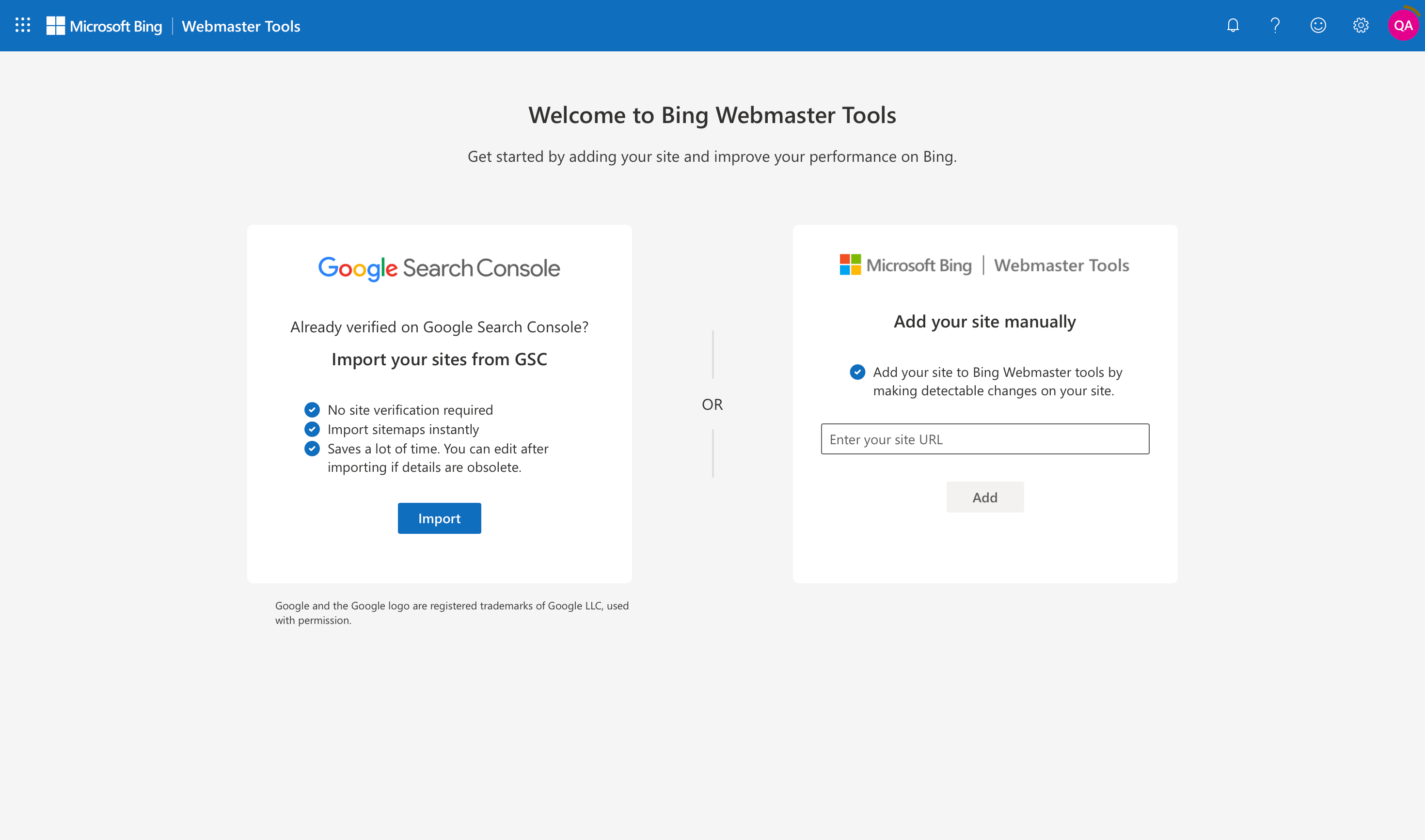 The Bing Webmaster Tools setup page, highlighting the recommended 'Import your sites from GSC' option for quick and easy website verification.
