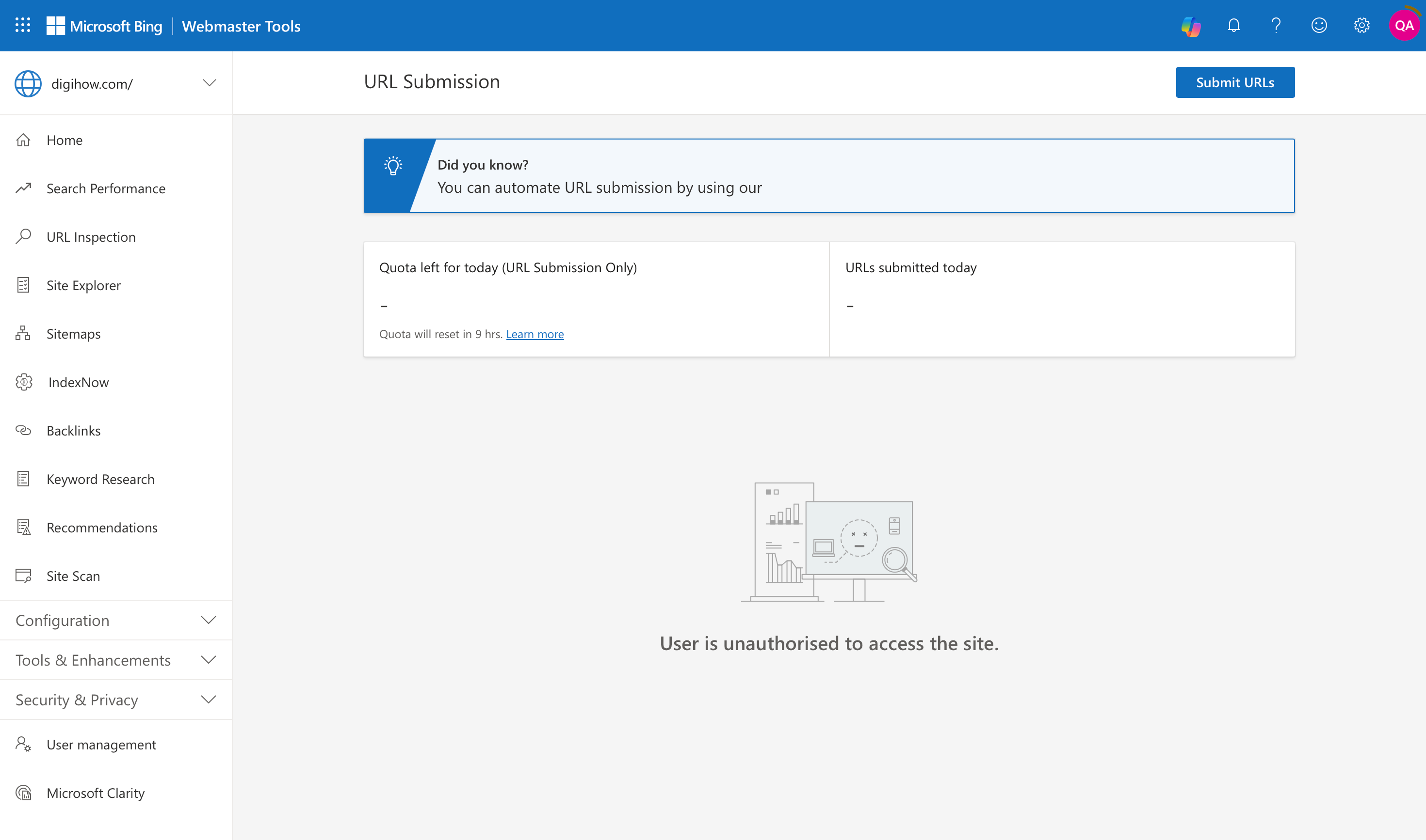 A screenshot of the URL Submission tool inside Bing Webmaster Tools, used to request fast indexing for new or updated pages on Bing and Yahoo.