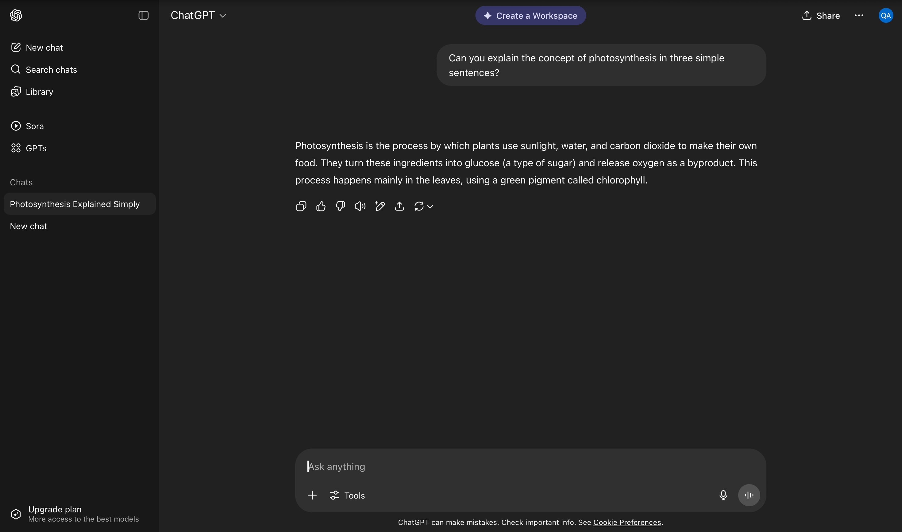 chatgpt interface with a question asked