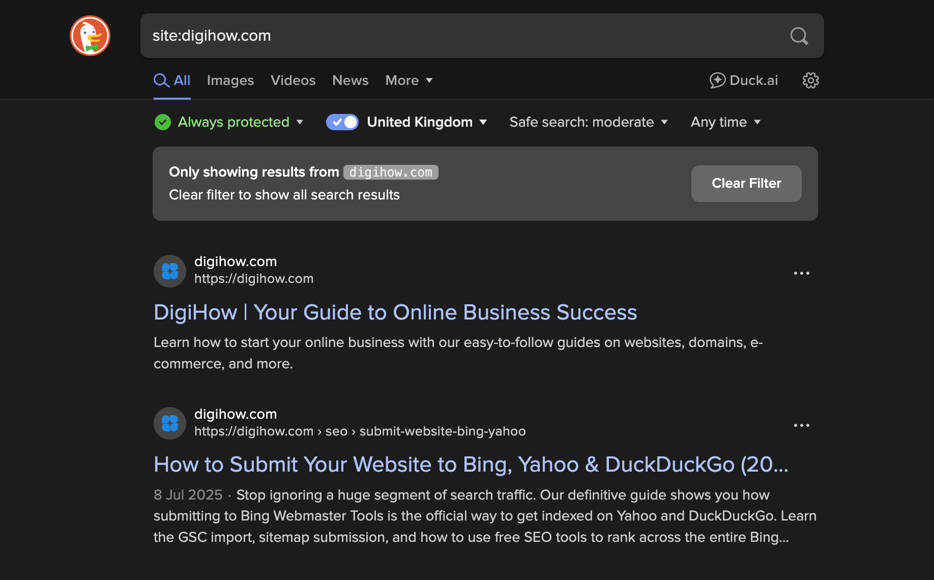 DuckDuckGo search of digihow.com using site:digihow.com