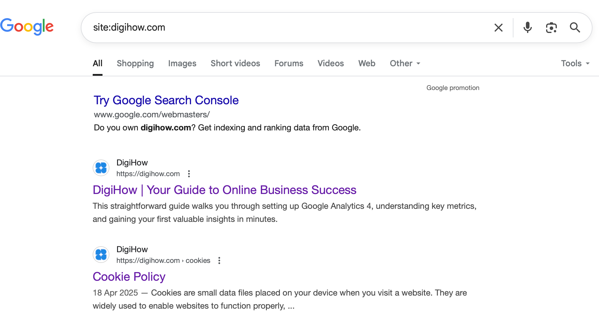 A Google Search of DigiHow using site:digihow.com