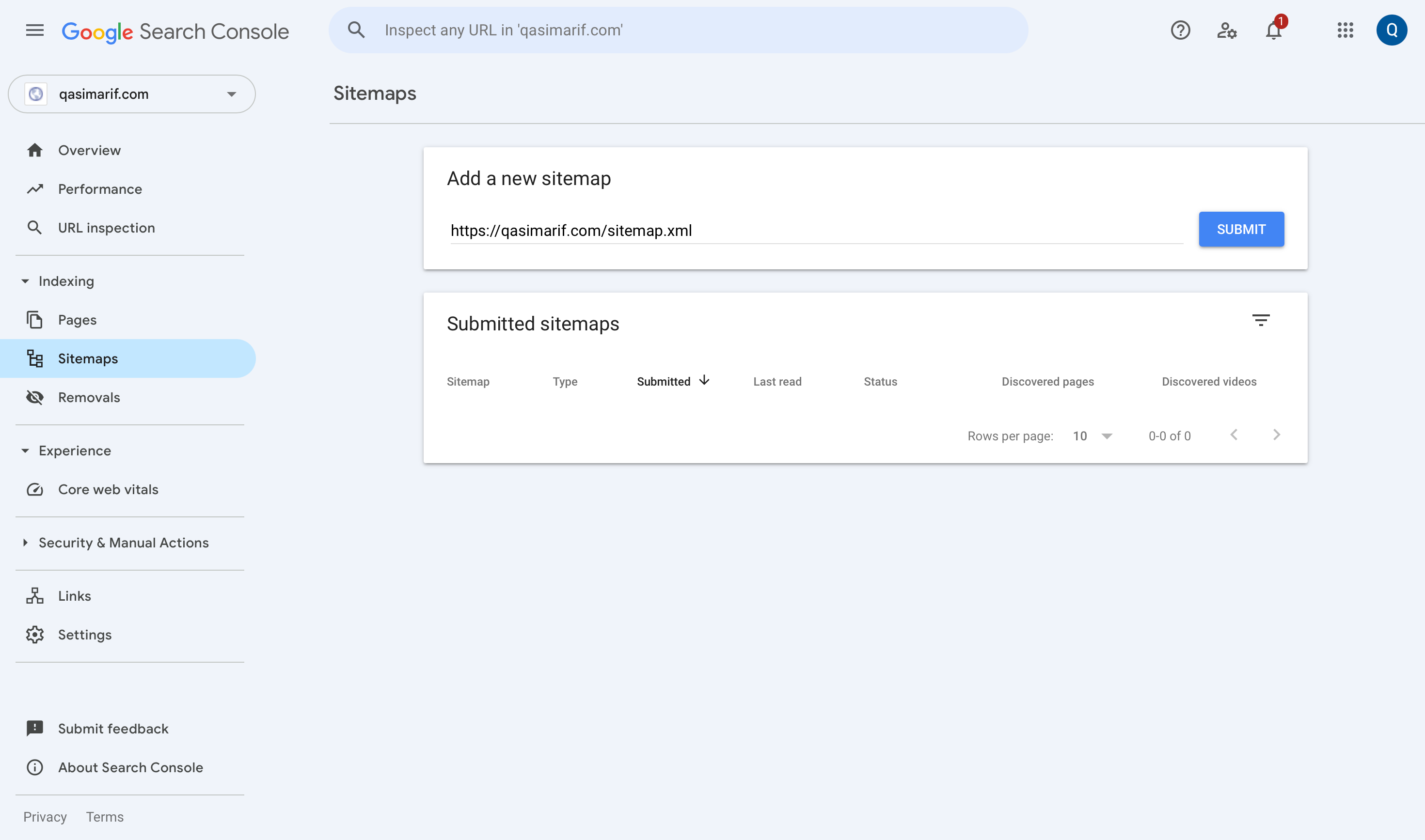 Google Search Interface for sitemap submission
