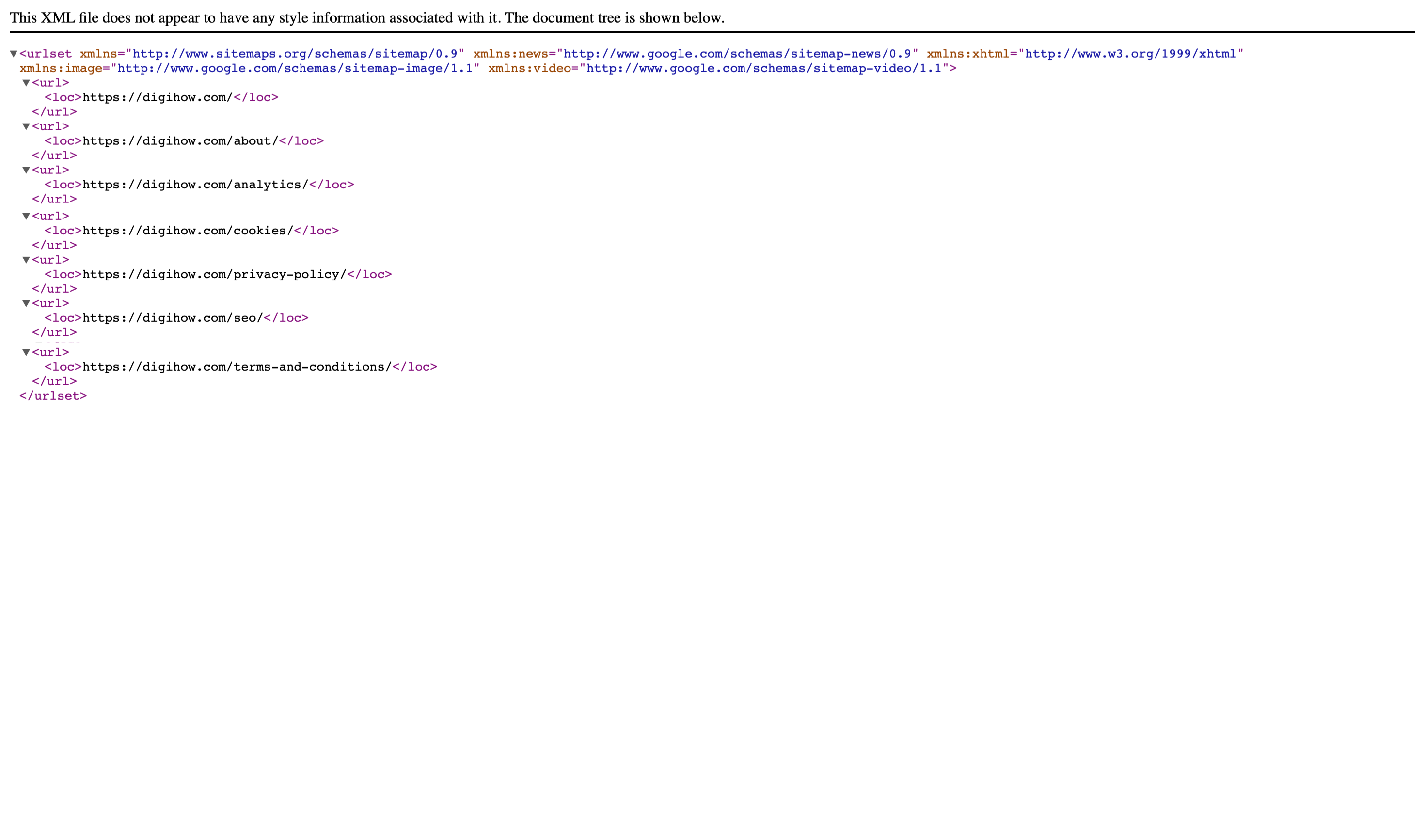 A sample XML sitemap of DigiHow.com