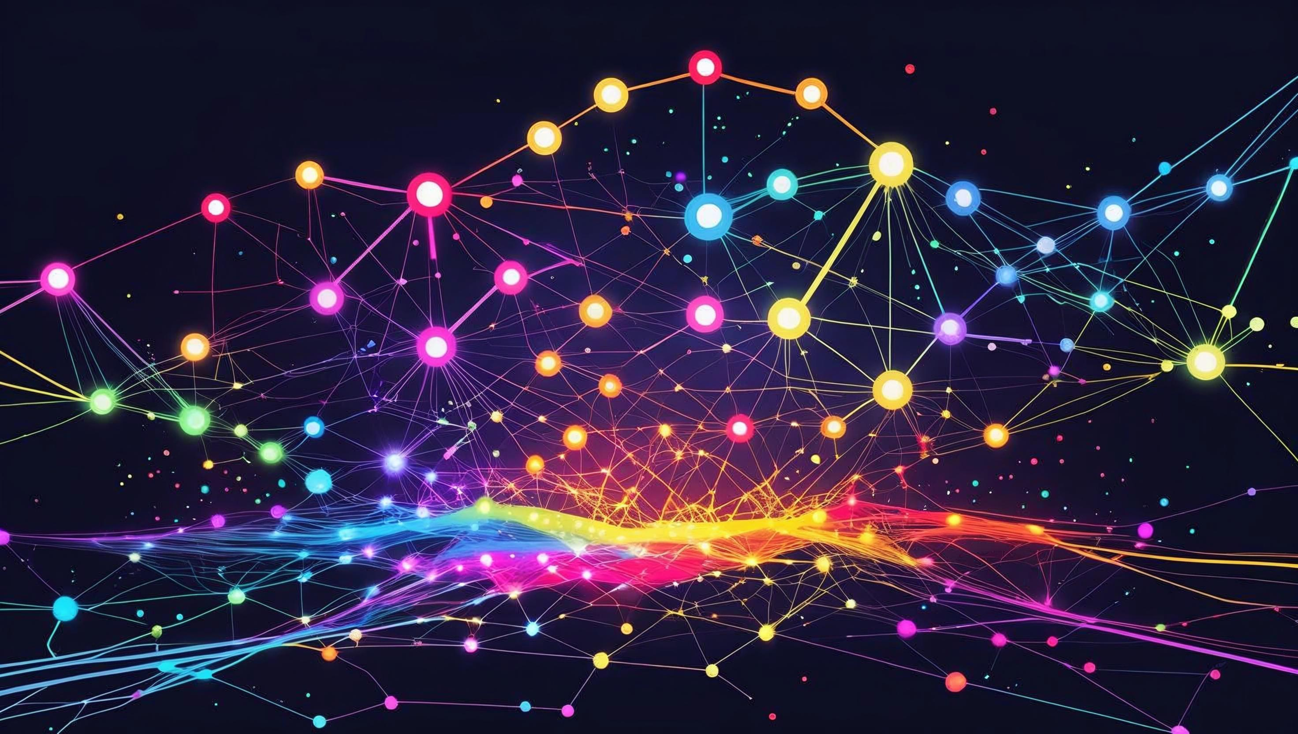 A visual representation of machine learning with colourful nodes connected to each other