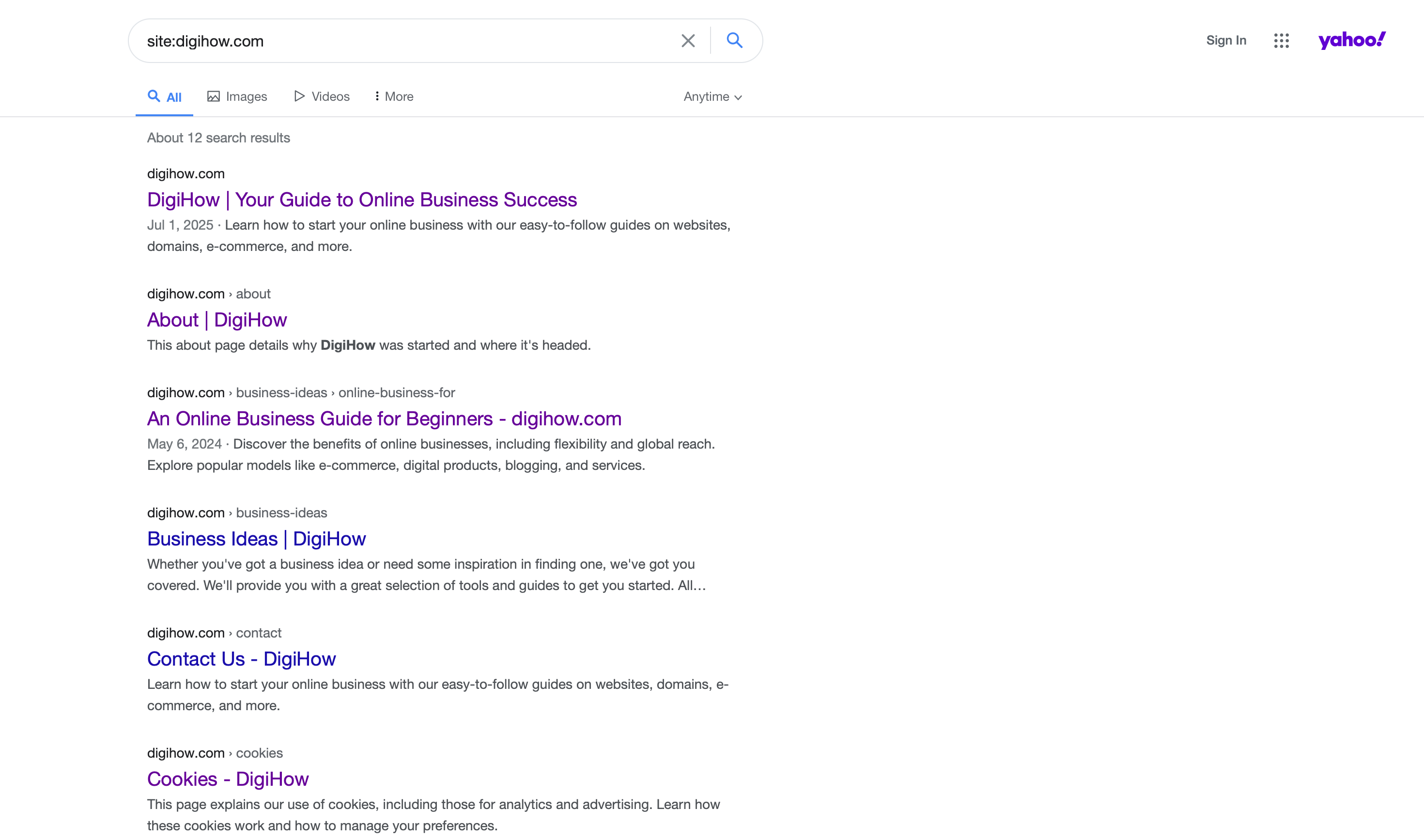 Performing a site search on the Yahoo search engine to check for indexing.